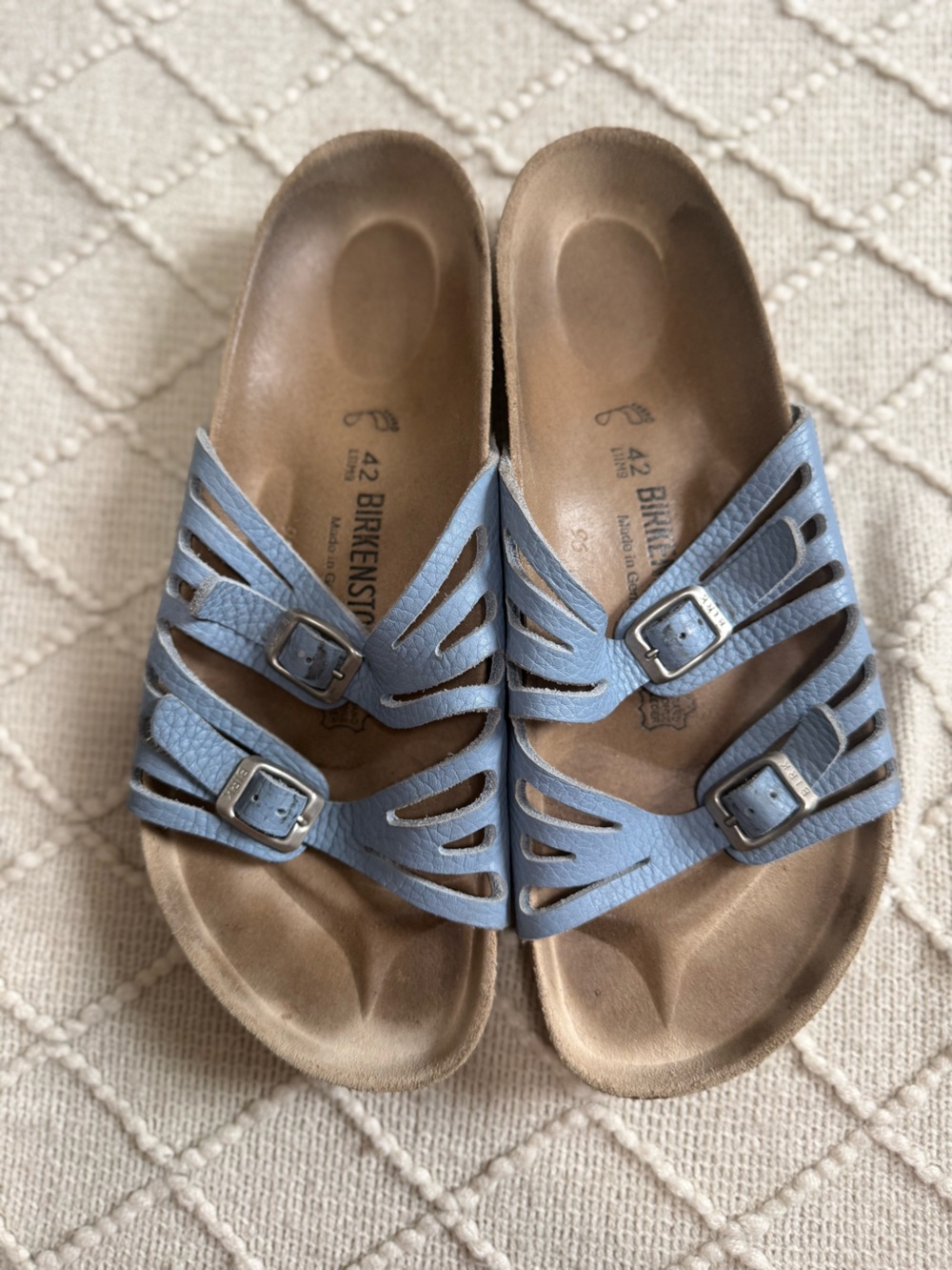 Birkenstock Women’s Blue Leather Buckle Slide Sandals